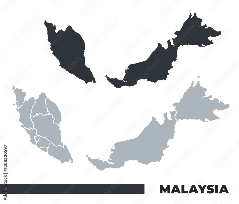 Obraz premium Malaysia flat and border outline vector maps