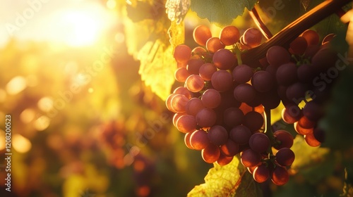 Sunlit vineyard showcasing a fresh crop of ripe grapes ready for wine production during the harvest season photo