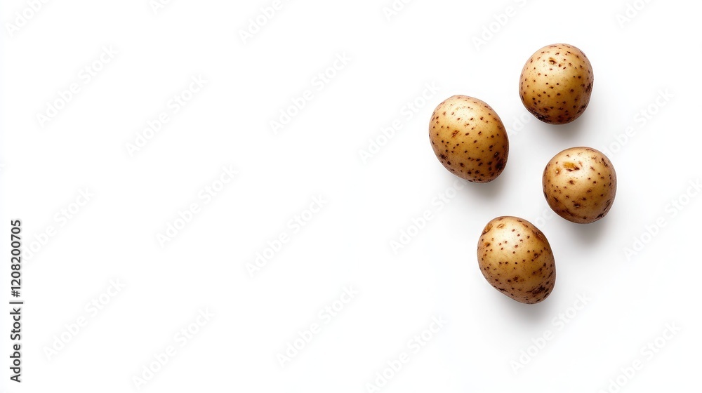 Fresh raw new potatoes arranged on a white background showcasing their unique texture and earthy color for culinary or agricultural themes Fresh raw new potatoes arranged on a white background showcasing their unique texture and earthy color for culinary or agricultural themes