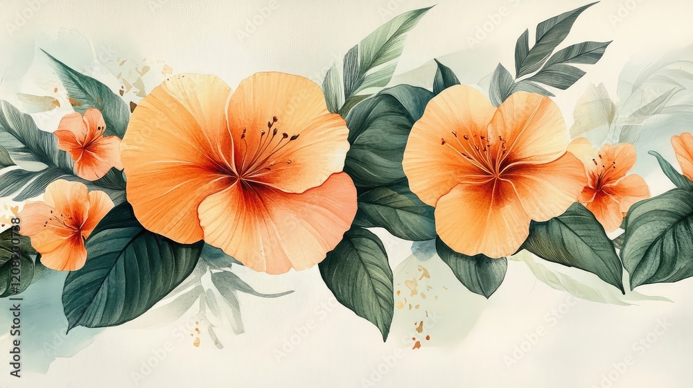 custom made wallpaper toronto digitalVibrant Orange Hibiscus Flowers with Lush Green Leaves on Soft Cream Background Botanical Illustration