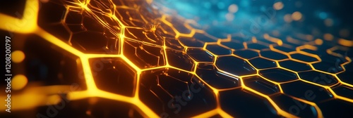 A futuristic beehive with neon lines and glowing honeycomb structures against a dark background