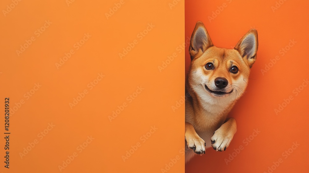 A dog is looking out from behind a wall A dog is looking out from behind a wall
