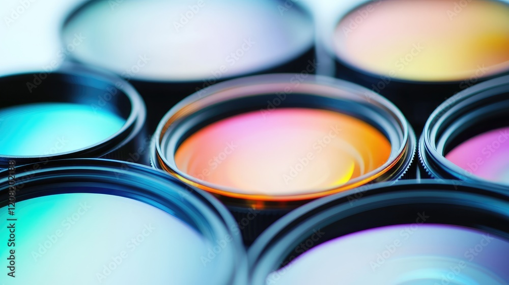 Colorful Optical Lenses Arranged with Vibrant Reflections on a Clean White Background Highlighting Blue Green Yellow and Orange Hues Colorful Optical Lenses Arranged with Vibrant Reflections on a Clean White Background Highlighting Blue Green Yellow and Orange Hues