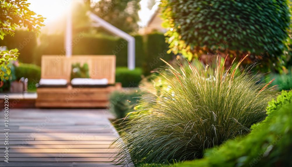 Obraz premium Nowoczesny ogród z drewnianym tarasem i trawami ozdobnymi o zachodzie słońca