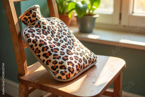 Hot water bottle with unique animal print resting on rustic wooden chair in morning light, cozy flu season care concept.