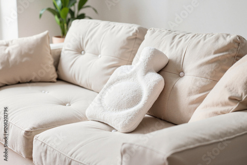 Hot water bottle resting on a neutral sofa in a minimalistic living room, comfort care concept during flu season.