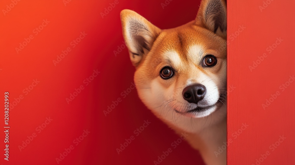 A dog is peeking out from behind a red wall A dog is peeking out from behind a red wall