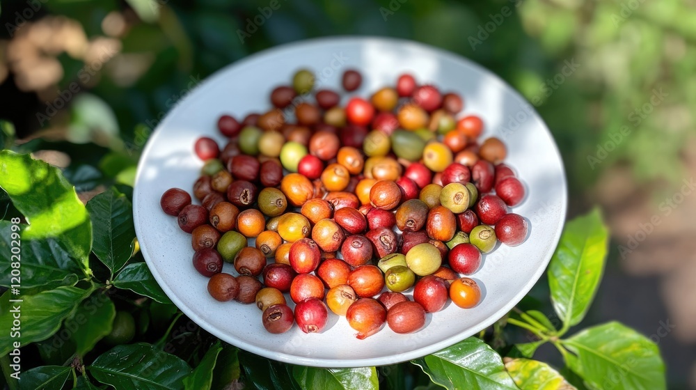 Vibrant coffee beans in a white plate surrounded by lush greenery showcasing a perfect start to the day with a natural beverage option Vibrant coffee beans in a white plate surrounded by lush greenery showcasing a perfect start to the day with a natural beverage option