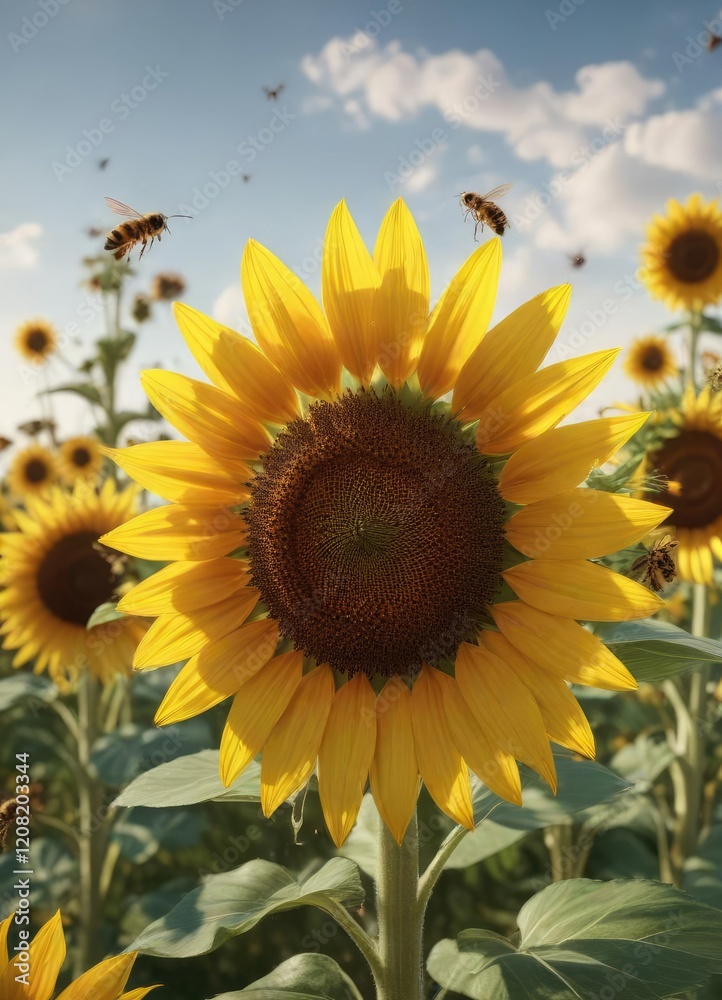 Obraz premium Beautiful sunflower garden with bees collecting nectar, garden, natural