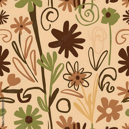 Seamless pattern flowers and floral pattern illustration. Raster illustration. Curls in brown, green and beige colors. In simple style. Abstract seamless pattern for wallpaper, clothes, boys, girls.