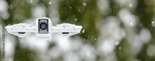 A white drone with a camera on it flying through the snow