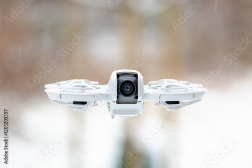 A white drone with a camera on it is flying in the air