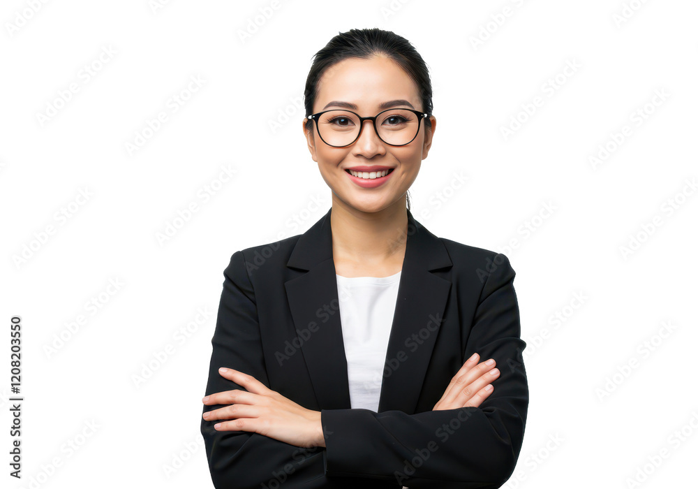 A professional woman with dark hair tied back, wearing glasses, a black blazer and a white shirt, standing with arms crossed and smiling isolated on transparent background A professional woman with dark hair tied back, wearing glasses, a black blazer and a white shirt, standing with arms crossed and smiling isolated on transparent background
