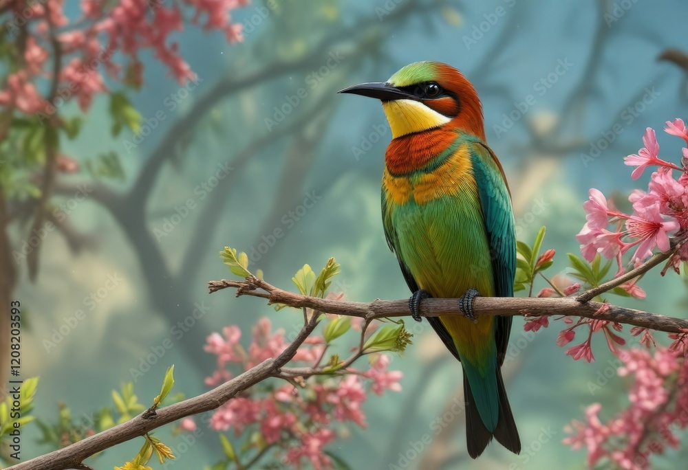 Obraz premium Bee Eater's striking feathers highlighted against a serene branch with blooming flowers, flower, bee hunter, greenery