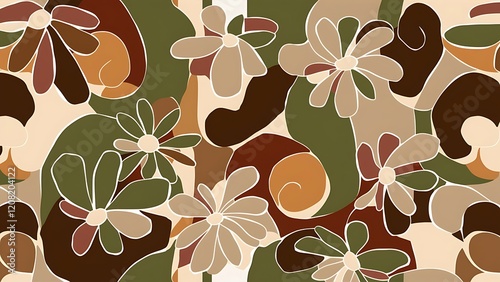 Seamless pattern flowers and floral pattern illustration. Raster illustration. Curls in brown, green and beige colors. In simple style. Abstract seamless pattern for wallpaper, clothes, boys, girls.