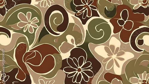 Seamless pattern flowers and floral pattern illustration. Raster illustration. Curls in brown, green and beige colors. In simple style. Abstract seamless pattern for wallpaper, clothes, boys, girls.