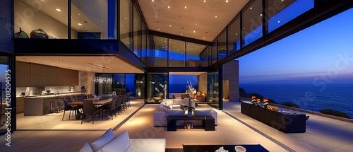 Modern, luxury home showcase living room and dining room open to ocean view at dusk