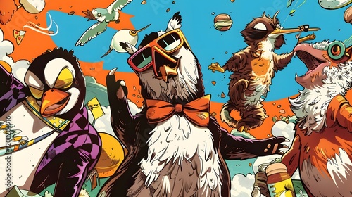 Cartoon wallpaper with animals in funny poses and vibrant colors for a playful design