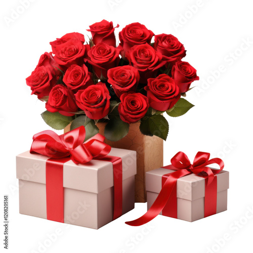 Elegant Red Rose Bouquet with Wrapped Gift Boxes and Decorative Bows - Romantic Celebration Scene with Premium Flowers and Thoughtful Presents PNG Icon on transparent background