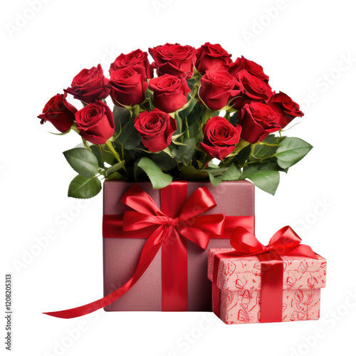 Elegant Red Rose Bouquet with Wrapped Gift Boxes and Decorative Bows - Romantic Celebration Scene with Premium Flowers and Thoughtful Presents PNG Icon on transparent background