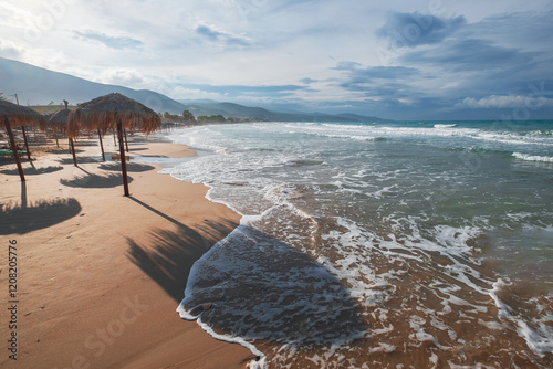 Obraz na płótnie Beach with big waves at the Ionian Sea on the island of Zakynthos in the sunshine w salonie