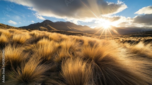 Sunset illuminating tussock grassland, mountains backdrop, New Zealand landscape, travel poster