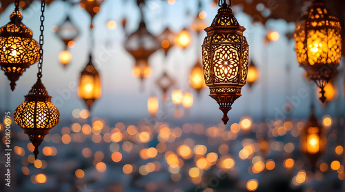 Ramadan Kareem lantern and Islamic crescent moon night with ramadan background.