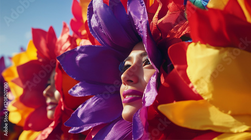 Panagbenga Festival, close-up of dancers with large red, yellow and purple flower-shaped headdresses. photo