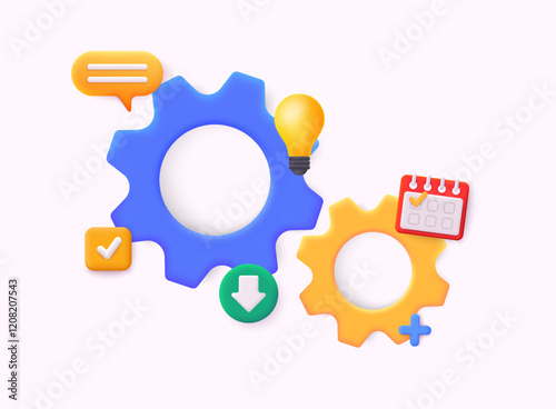 Cogwheel gear, setting symbol. Technical support, repair, optimization and workflow concept. 3D Web Vector Illustrations.