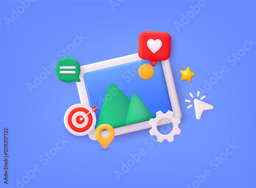 Social media platform, online social communication concept. Social network post surrounded with floating elements on blue background. 3d web Vector illustration.