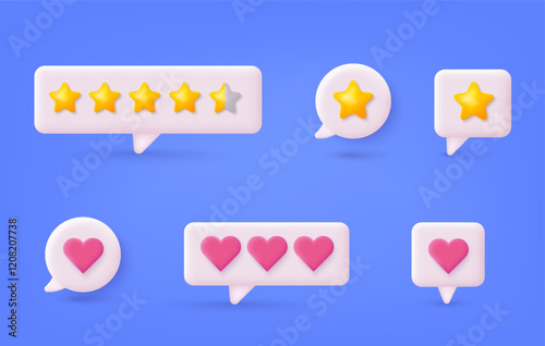 Five Star Feedback and like. Vector customer review concepts. Reviews stars with good and bad rate and text. 3D Web Vector Illustrations.