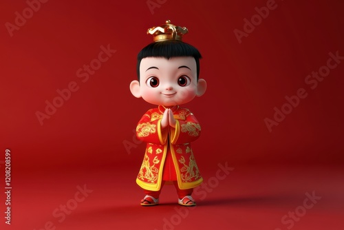 Cute little boy with a traditional Chinese costume on light red background. Generation AI.