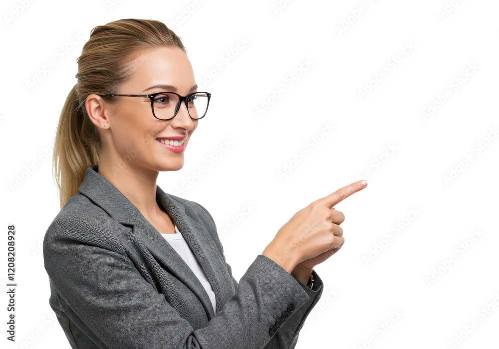 A professional woman with blonde hair tied back, wearing glasses and a gray blazer, pointing to the side with her index finger isolated on transparent background A professional woman with blonde hair tied back, wearing glasses and a gray blazer, pointing to the side with her index finger isolated on transparent background