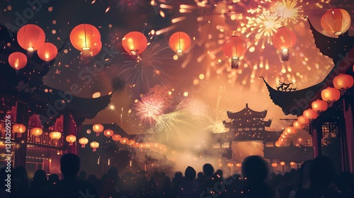 Lively Lunar New Year scene with vibrant lanterns and exciting firecracker display