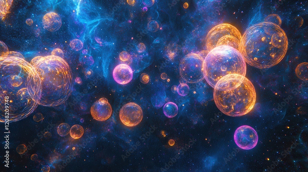 Luminous Celestial Spheres Drifting Through Cosmic Nebula Luminous Celestial Spheres Drifting Through Cosmic Nebula