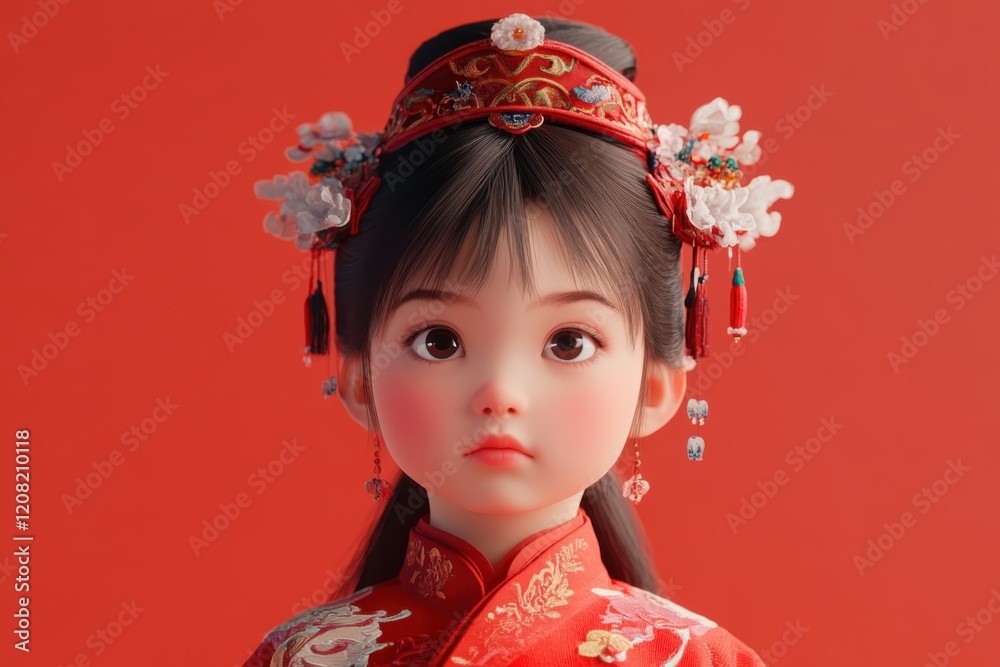 Cute little girl with a traditional Chinese costume on light red background. Generation AI. Cute little girl with a traditional Chinese costume on light red background. Generation AI.