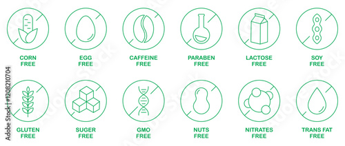 Allergen-Free Icon Set: Corn free, Egg free, Caffeine free, Paraben free, Lactose free, Soy free, Gluten free, Sugar free, GMO free, Nuts free, Nitrates free and Trans fat free.  No allergy icons set.