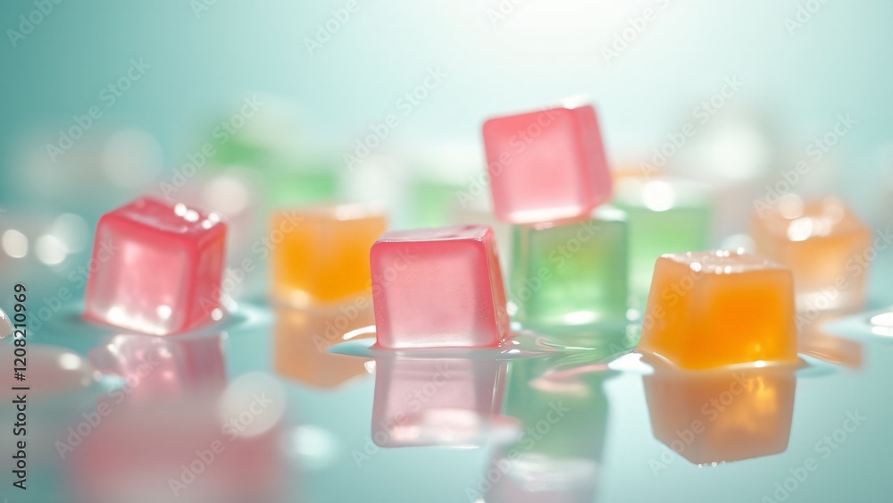 Floating cubes of Jell-O suspended in clear liquid, creating a mesmerizing and ethereal effect. Vibrant colors contrast with the transparent backdrop, illuminated by soft lighting. Floating cubes of Jell-O suspended in clear liquid, creating a mesmerizing and ethereal effect. Vibrant colors contrast with the transparent backdrop, illuminated by soft lighting.