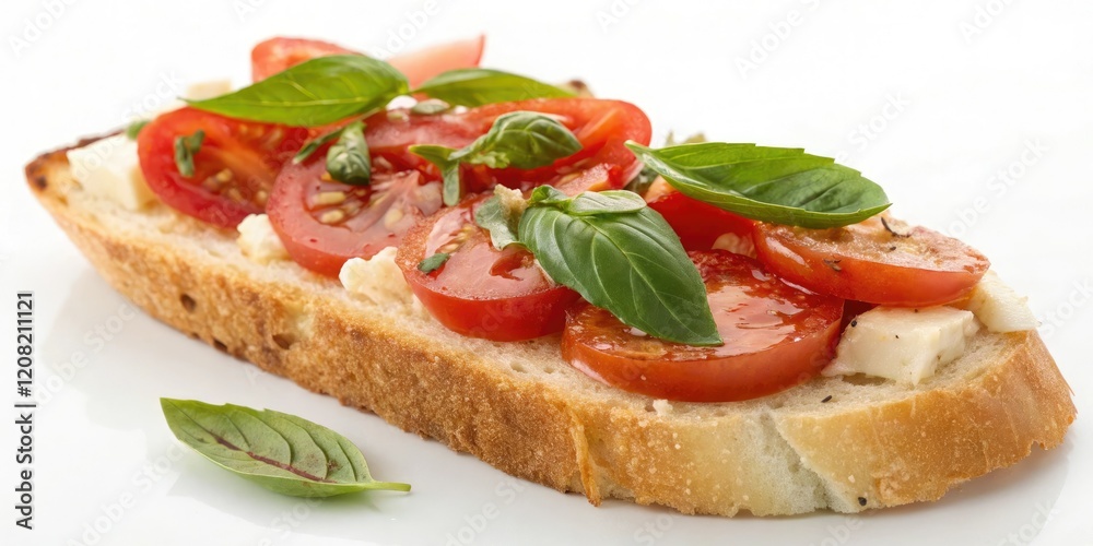 Close-up of a slice of toasted bread topped with sliced tomatoes and fresh basil, fresh basil, close-up shot, colorful toppings Close-up of a slice of toasted bread topped with sliced tomatoes and fresh basil, fresh basil, close-up shot, colorful toppings