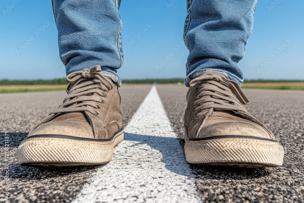 A person is standing on a road with their feet on the white line