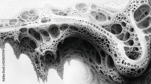 Abstract grayscale 3D rendering of a porous, cavernous, organic form resembling a landscape or geological structure. photo