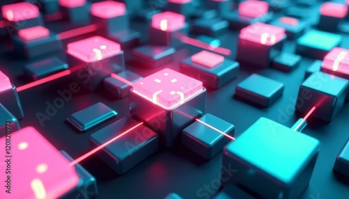 Glowing Cubes Network, 3D Tech Abstract, Data Connection Concept