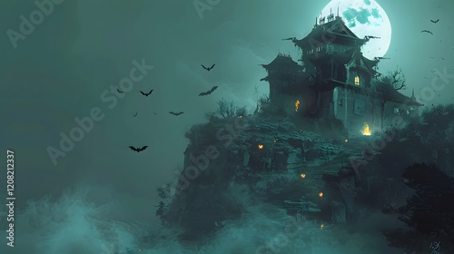 Haunted house wallpaper surrounded by spectral ghosts and fluttering bats for Halloween