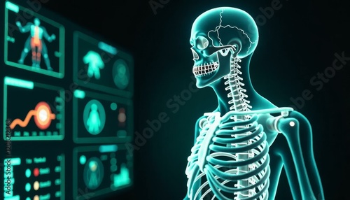 Human Skeleton X-Ray with Medical Data Analysis Screens