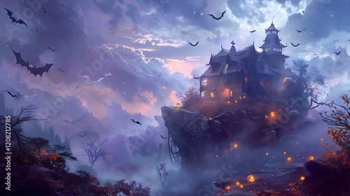 Eerie Halloween scene featuring a haunted house encircled by ghosts and bats