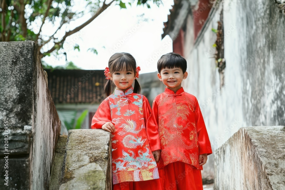 Chinese children wearing red national costumes. Generation AI. Chinese children wearing red national costumes. Generation AI.