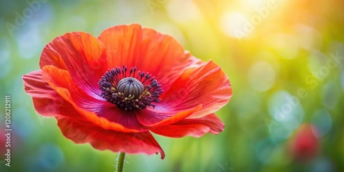 Close-up shot of a single bright red poppy flower with intricate details and delicate petals, colorful blooms, poppy flower, nature macro, macro shots