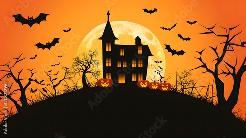 Halloween wallpaper with a creepy haunted house, swirling ghosts, and dark bats  .