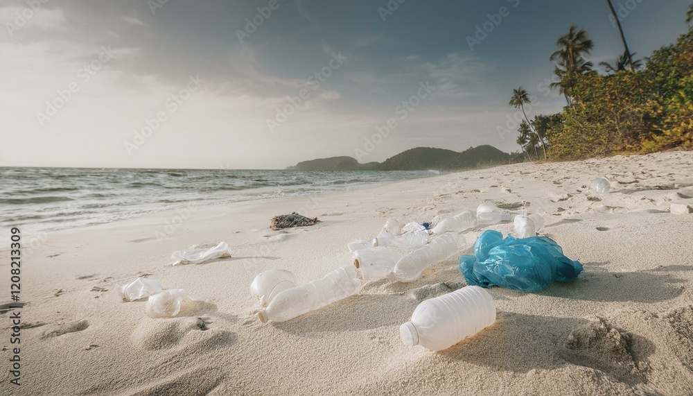 Obraz premium Plastic bottles and garbage on the beach. Environmental pollution issues. 
