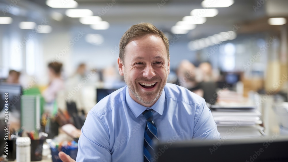 A smiling Caucasian man in a blue shirt and tie, engaged with colleagues in a lively office environment filled with natural light. A smiling Caucasian man in a blue shirt and tie, engaged with colleagues in a lively office environment filled with natural light.